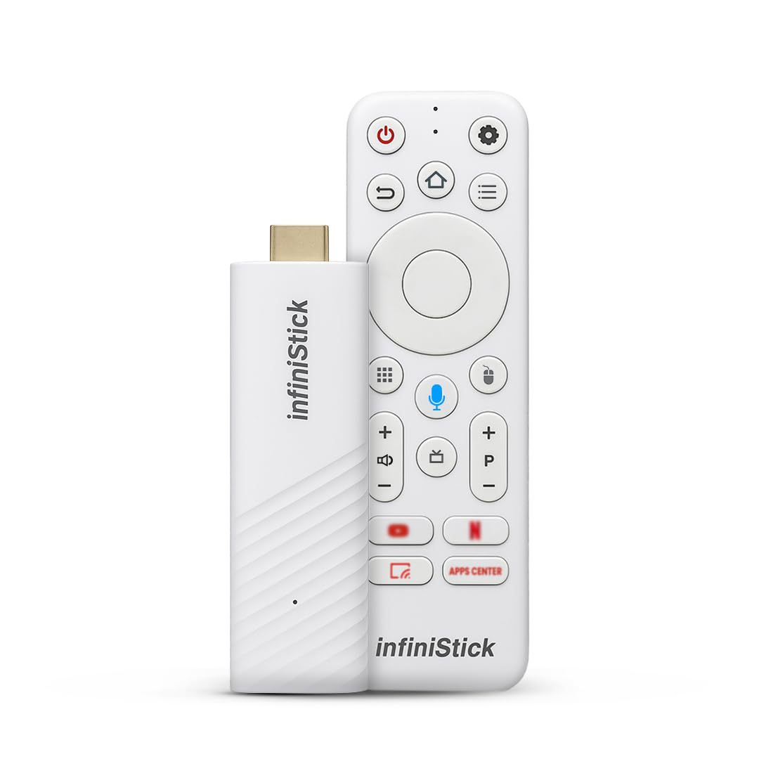 Helett® infiniStick™ Android-Based Smart TV Stick | Voice Control Bluetooth/IR Remote | 2GB RAM 8GB Storage | Quad-Core Processor | Dual-Band Wi-Fi 2.4G/5G | Screen Casting | 1-Year Warranty (White)