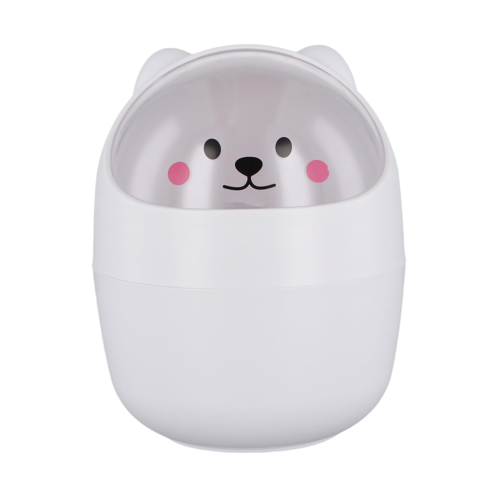 Desktop Trash Can with Lid, Cute Mini Desk Bin, Plastic Garbage Bin for Office Bedroom, Small Cartoon Bear Flip-Type Dustbin, Removable Pen Holder (White)