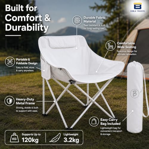 Image of Foldable Camping Chair with Carry Bag, Portable Outdoor Folding Chair for Camping, Picnic, Garden and Travel, Heavy Duty Metal Frame.(FURNTR002 White)