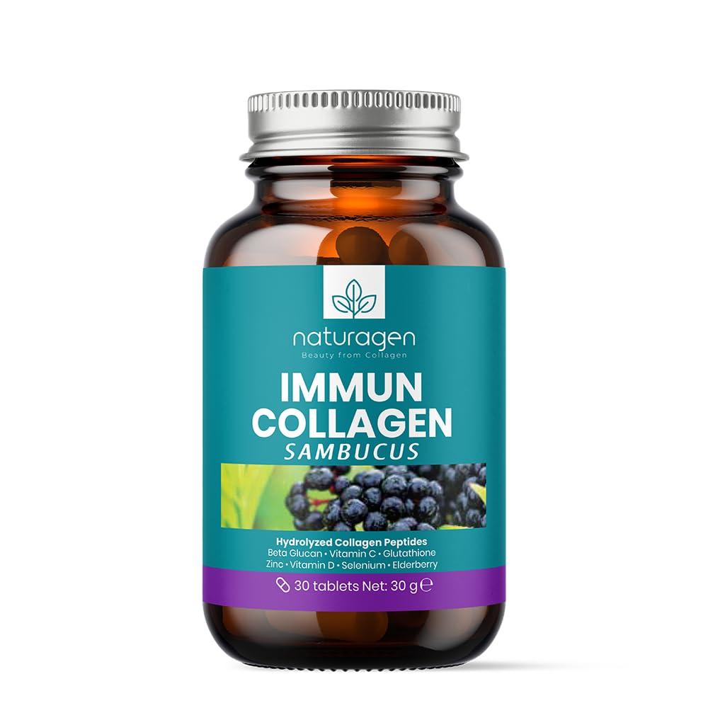 Naturagen Immun Collagen 30 Tablet Bağışıklık Güçlendirici Hidrolize Kolajen Peptitleri Tip 1 3 + B. Glukan + Vitamin A B6 B12 C D E + Glutatyon + Çinko Takviyesi (30 Tablet, Sambucus(Karamürver))