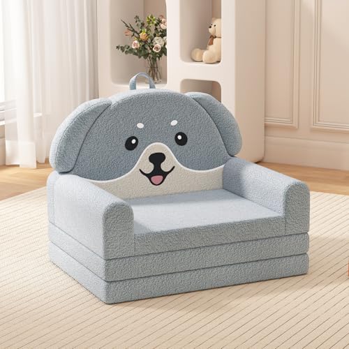 YACODAVO 2-in-1 Kids Couch, Soft Toddler Couch Fold Out for Girl and Boys, Dog Design Foldable Kids...
