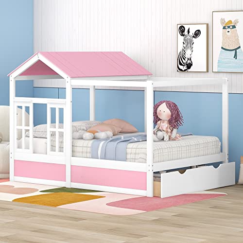 Merax Kids House Beds Frame with Drawer Full Size Fun Wood Storage Platform m Bed for BoysGirls No Box Spring Need FullPink