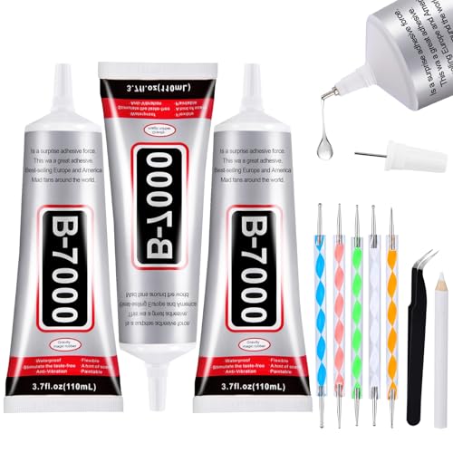 Image of 3 PCS 110ml B7000 Glue Clear with Precision Tip, Bedazzling Glue, Rhinestone Glue Set, Craft Glues with 5-Point Pen Tool, Crayon, and Tweezers, Craft Glue is Used for Nails, Jewelry, Shoes