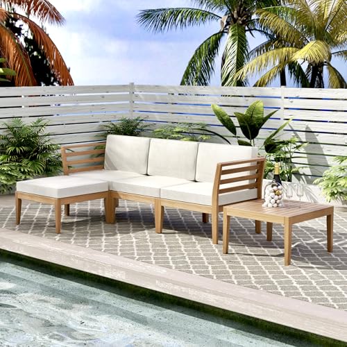 Image of Werph 5-Piece Outdoor Sectional Sofa Set with Acacia Wood Coffee Table | L-Shaped Patio Couch with All-Weather Cushions for Backyard, Deck, Lawn - Beige