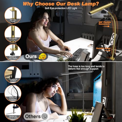 Image of Airlonv LED Desk Lamp for Office Home, Eye-Caring Desk Light with Stepless Dimming Adjustable Flexible Gooseneck, 10W USB Adapter Desk Lamp with Clamp for Reading, Study, Workbench (Gold)