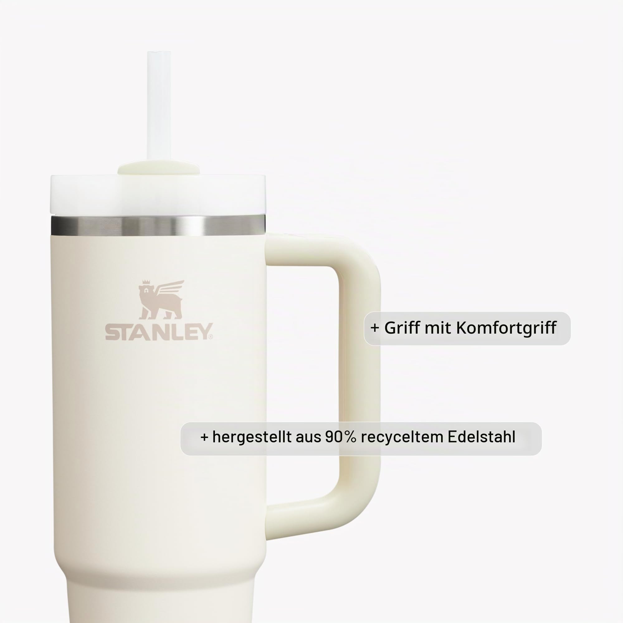 STANLEY Quencher H2.0 Trinkbecher mit Henkel und Trinkhalm 600 ml | Flowstate 3-Positionen-Deckel | Tassenhalter-kompatibel für unterwegs | isolierter Edelstahlbecher | BPA-frei | Frost