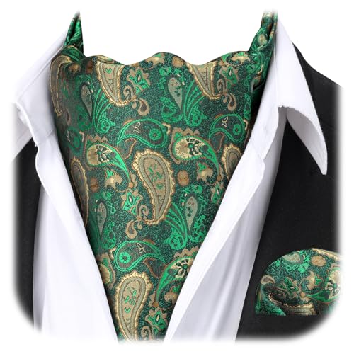 Image of HISDERN Ascot Ties for Men Paisley Floral Ascot and Pocket Square Set Classic Self Tie Mens Cravat Handkerchief for Wedding