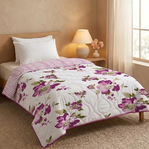 Image of HUESLAND Reversible AC Quilt Blanket Single Bed | 100% Cotton Quilted Shell, Super Soft 120 GSM Microfibre Wadding | Lightweight Comforter for All Weather Use | 55 x 88 inches, Floral Fusion