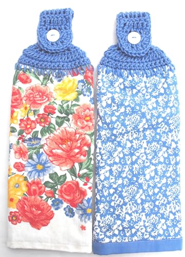 Brilliant Blooms - 2 Double/Full Handmade Crochet TOP Hanging Kitchen Towel - Blue Toppers