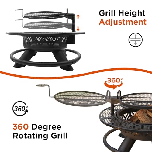 Red Mountain Valley 47" Outdoor Fire Pit with Adjustable Grill, 2-in-1 Outdoor Large Wood Burning Firepit Bowl, Bonfire Patio Fire Pits with Cooking grates, Metal Round Table for Backyard
