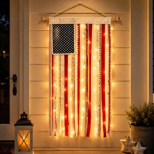 Lighted Rag American Flag Banner 4 x 2.3 Ft LED Vintage Patriotic Ribbon Flag Rustic Americana Wall Hanging for Porch Yard Memorial Day 4th of July Independence Day Decor (Light styles)