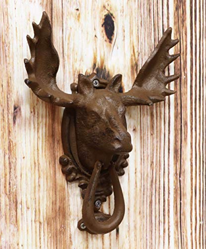 Ebros Gift Rustic Western Forest Horned Bull Moose Head Cast Iron Door Knocker 10" Tall Figurine Decorative Knockers Buck Deer Elk For Cabin Lodge Home Accent Decor Hardware #TOP6