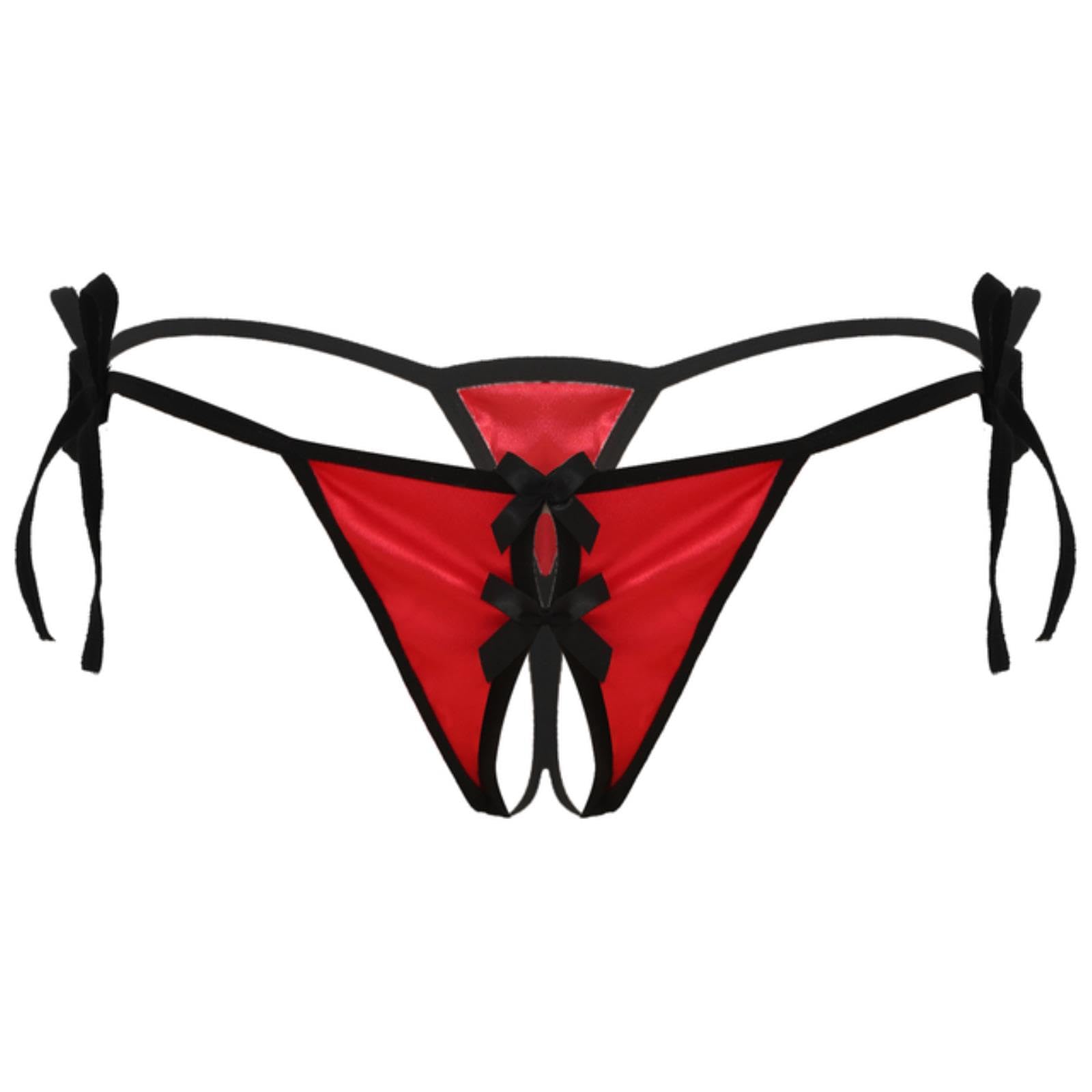 Piyax Men's A-Red Gay Sissy Panties Sexy Open Crotch Underwear Crotchless Bowknot Satin Thongs T-Back Underpants Sex Nightwear
