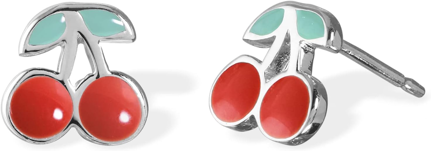 Boma Jewelry Sterling Silver Cherry Fruit Stud Earrings with Hand Painted Red Enamel