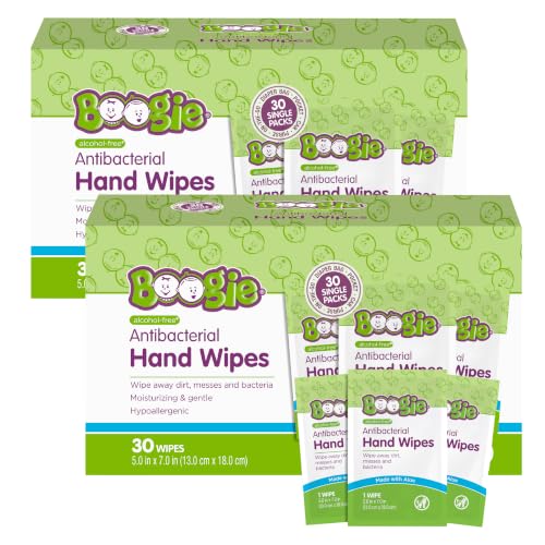Image of Boogie Antibacterial Hand Wipes - 60 Count - Hypoallergenic & Alcohol-Free - Individually Wrapped - Travel and Diaper Bag Essential