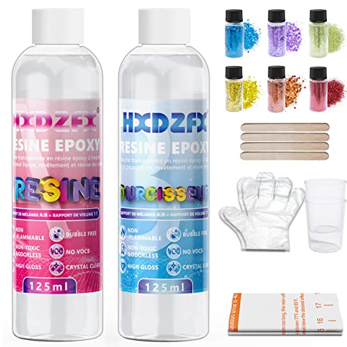 Epoxidharz mit Härter 250ml/275g Glasklar Kunstharz Gießen Epoxy Resin - 2 teiliges Gießharz für Resin Kunst Projekte, Schmuckherstellung - Bonus Handschuhe, Glitze, Messbecher und Holzstäbchen