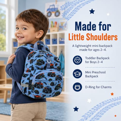 Image of LOIDOU Toddler Backpack for Boys Ages 2-4, 12 Inch Mini Preschool Daycare Bookbag with Insulated Snack Pocket, Corduroy Small Kids Travel Backpack with Chest Strap, Blue Car