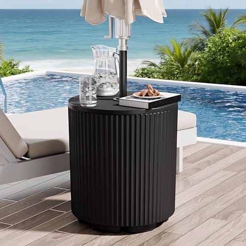 Diyfire Outdoor Umbrella Stand with Hole in Pool Umbrella Stand with Weighted Water Filled Bladder Fluted Vertical Ribbed Design All Weather Umbrella Side Table Base Patio Umbrella Base Black