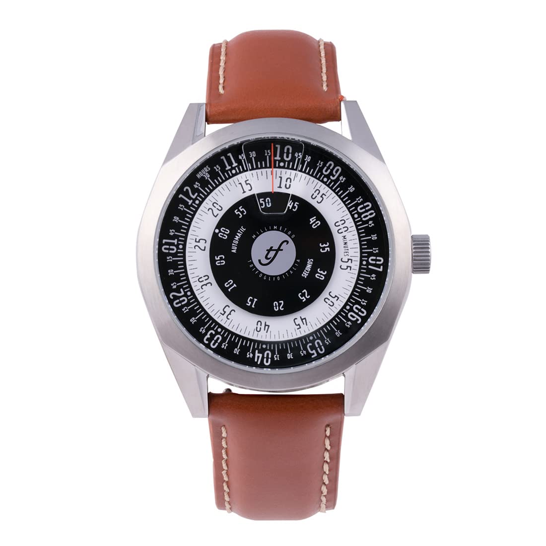 Millimetro, analog, automatisch, Stahl, rotierende Scheiben, Weiß, zweifarbig, Leder, Braun Herren Uhr