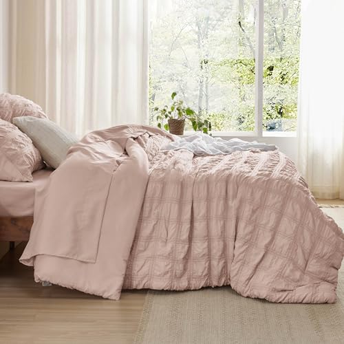 Bedsure Bed in a Bag Twin - 5 Pieces Plaid Seersucker Bedding Comforter Sets, Soft Lightweight Rose Dust Boho Bed Set with Comforters Twin Size, Sheets, Pillowcase & Sham