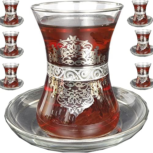 Vintage Turkish Tea Glasses Cups Set of 6 and Saucers with Arabic Moroccan Decorative Silver for Kettle Teapot Mugs Teacups Serving Fancy Coffee Drinking Tray Women Adults Party Gift Style Floral