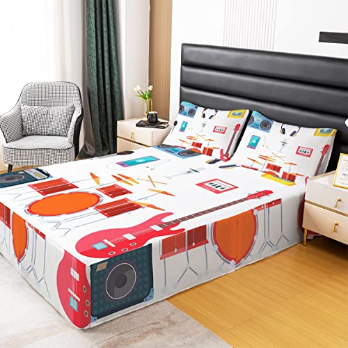 Boys Drum Kit Bedskirt King Size,Music Notes Musical Instruments Bed Skirts Electric Guitar For Children Youth,Hip Hop Style Bed Skirt Fashion Speakers Microphone Bedding Decor For Kids Girls Teens #TOP1