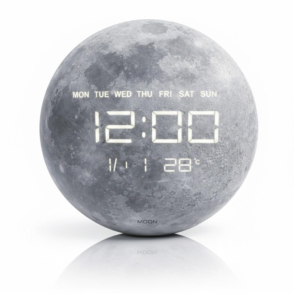 Drumstone 𝟏 𝐲𝐞𝐚𝐫 𝐰𝐚𝐫𝐫𝐚𝐧𝐭𝐲, 24cm LED Digital Moon Clock, Smart Night Light with Real-Time Moon Phase Display, Silent Desktop & Wall Mount Clock for Modern Home Office