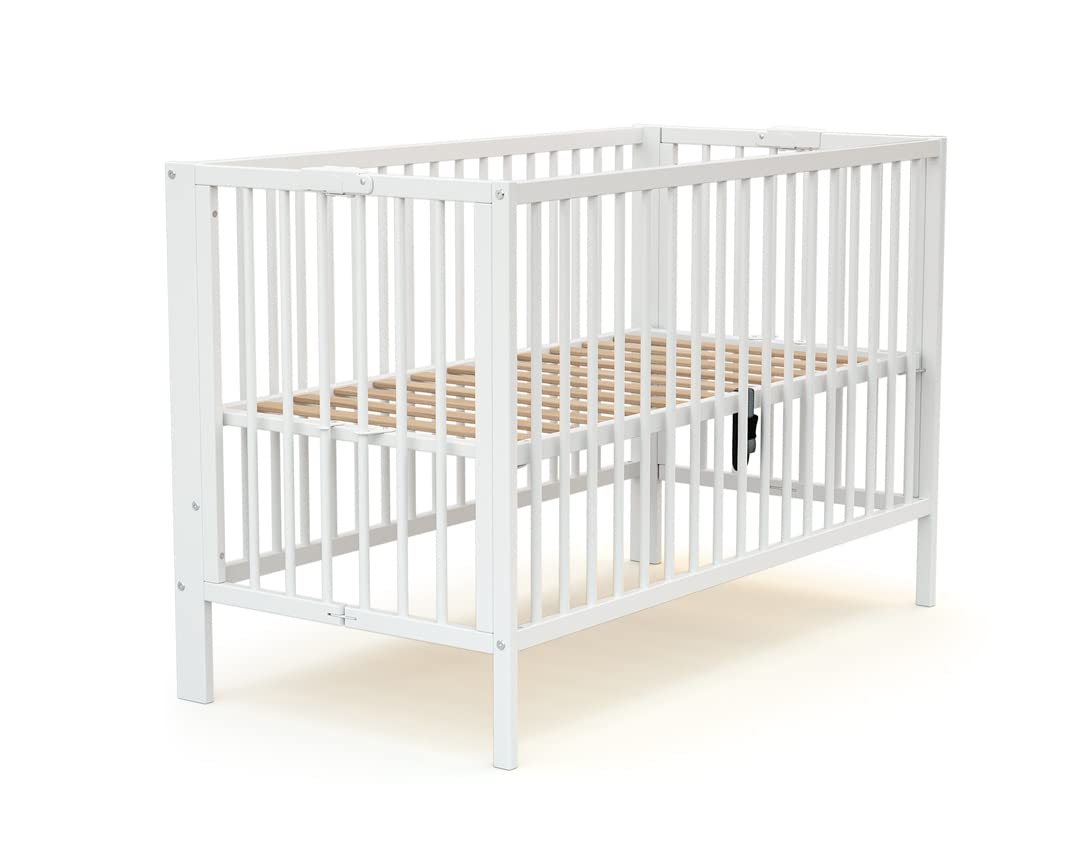 AT4 - Lit bébé Pliant 60x120 Essentiel Hêtre Verni | 124 x 64 x 82 cm | Lit Pliable | Sommier réglable 2 Niveaux intégré au lit (Blanc, Lit bébé)