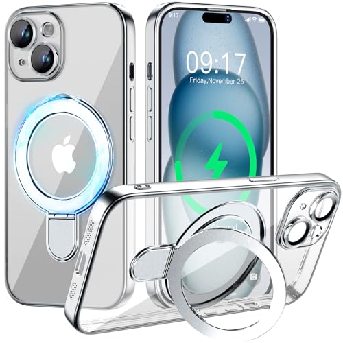 Image of Magnetic for iPhone 15 Case with Invisible Stand[Compatible with MagSafe][Full Camera Lens Protector][Military Drop Protection] Shockproof Not Yellowing Clear Slim Soft for Women Men