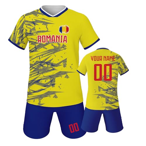 Zlaamty 2026 Personalisiertes Rumänien Fußball Trikot Kinders Fusstball Shorts&Trikots mit Name Nummer Team Logo Fußball Trikot