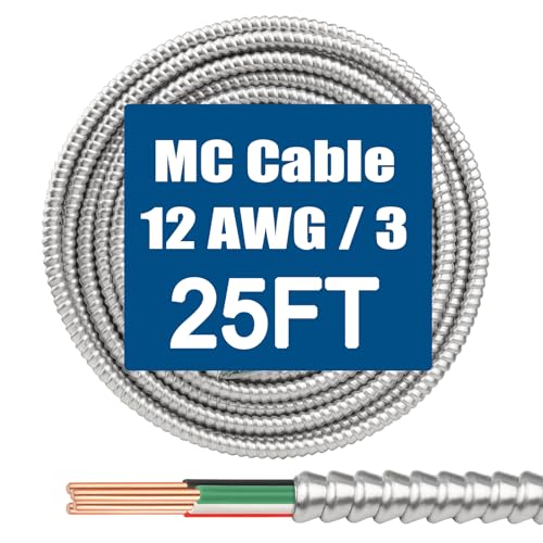 12/3 MC Cable with Ground - 25FT Pure Copper 12AWG/3 Metal Clad Wire with Aluminum Armor 12 Gauge 3 Conductor Type MC Alum Cable
