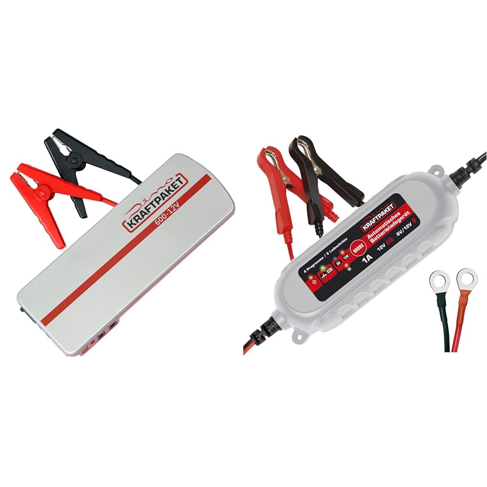 Dino KRAFTPAKET 12V-600A Starthilfegerät 66.6Wh 18000mAh Blei-Säure & 1A-6V/12V intelligentes und automatisches Batterieladegerät | Für Blei-Säure