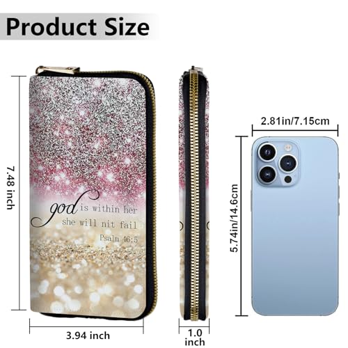 Image of Women's Wallets,Credit Card Holder Money Leather Long Wallet with Wristlet,Large Capacity with Zip-Around Phone Purse for Women Ladies Girls,Pink Glitter Psalm 46:5
