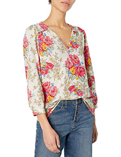 Lucky Brand Women's Long Sleeve V Neck Floral Smocked Peasant Top, Multi, Medium