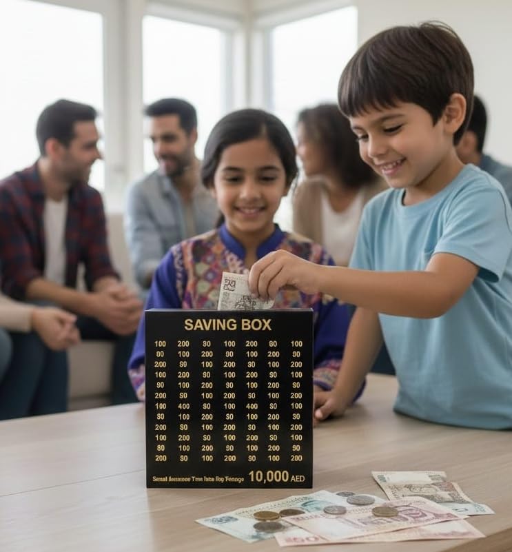 Acrylic Money Saving Box 10 000 AED Goal Tracker Savings Challenge BLACK AND GOLD Size 15x15x06 cm| Kids & Adult Money bank Currency Saving Case Money Organizer Elegant Design
