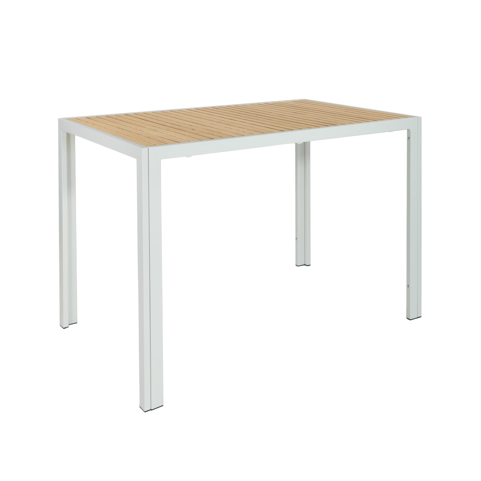 Mesa exterior Jaida para terraza 120x70 madera fresno y acero - Mesa jardín moderna robusta elegante - Mesa de terraza exterior para patio, balcón, comedor, jardín - Tablero de Listones (Blanco)