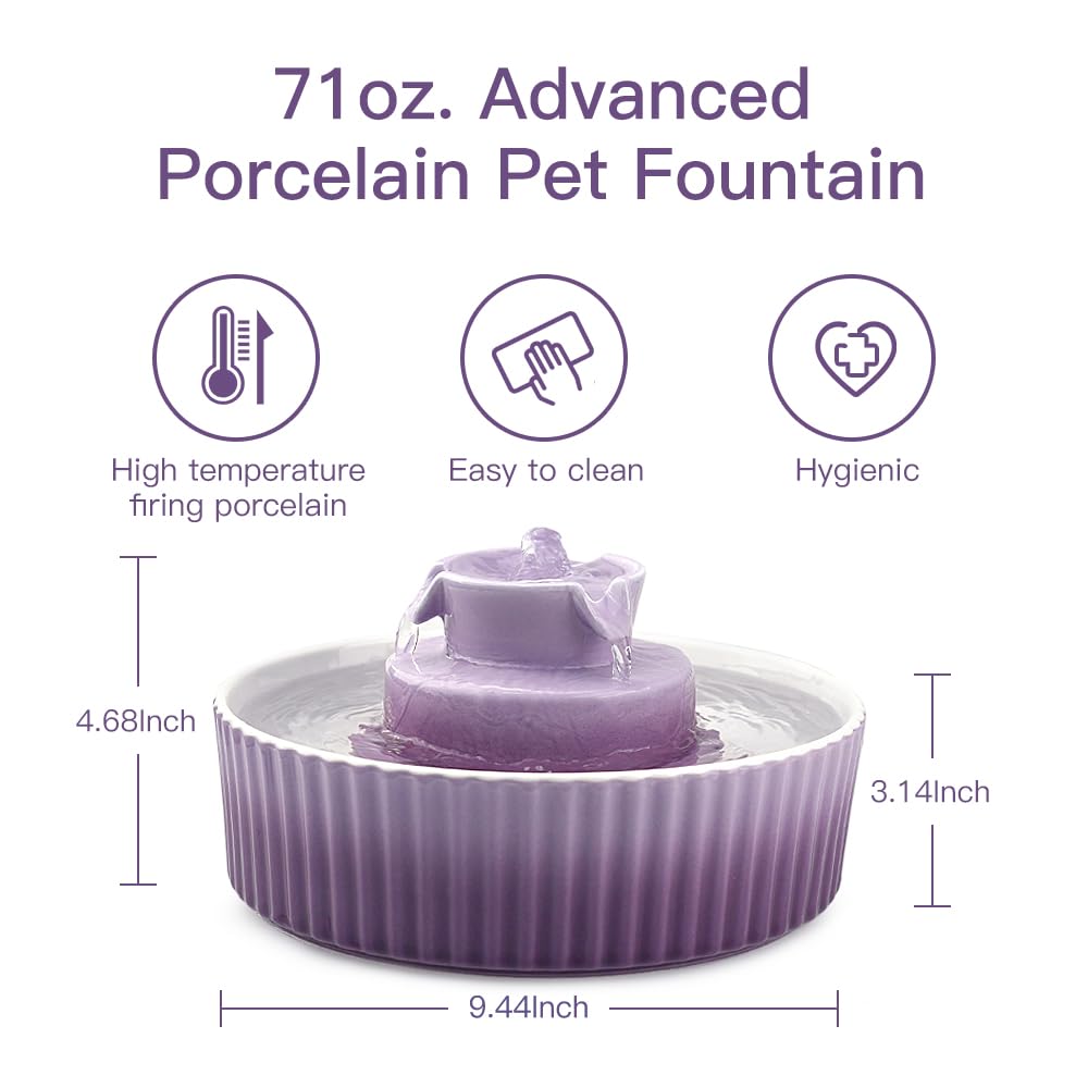 Fuente de cerámica para gatos, 2,1 L, para gatos y perros, fuente de porcelana VinDox para gatos, dispensador de agua con filtro de repuesto y espuma bomba inteligente (morado)