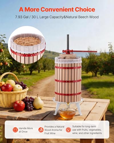 Image of VEVOR Fruit Wine Press, 7.93Gal /30L Manual Juice Maker, Solid Beech Wood Basket, Vintage Traditional Juicer with 6 Press Wooden Blocks, 2 Filter Bags, Heavy Duty Pole Handle Bar for Cider Apple Grape