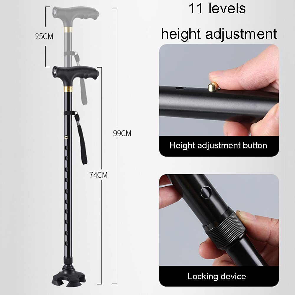Bastón con luz LED Bastón de Ajuste de Altura Mango ergonómico Base giratoria Bastones para Hombres y Mujeres