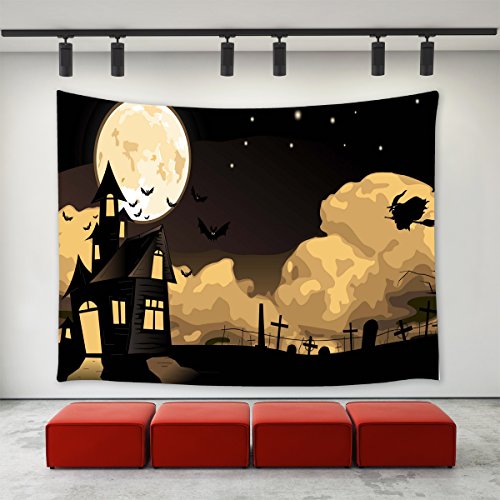 LBKT Gothic Decor Tapestries Wall Hanging for Halloween Party,Happy Halloween Eve Theme Witch Flying The Moon Night Castle Bats Tomb Print Tapestry Wall Art for Home Decor Decoration 60