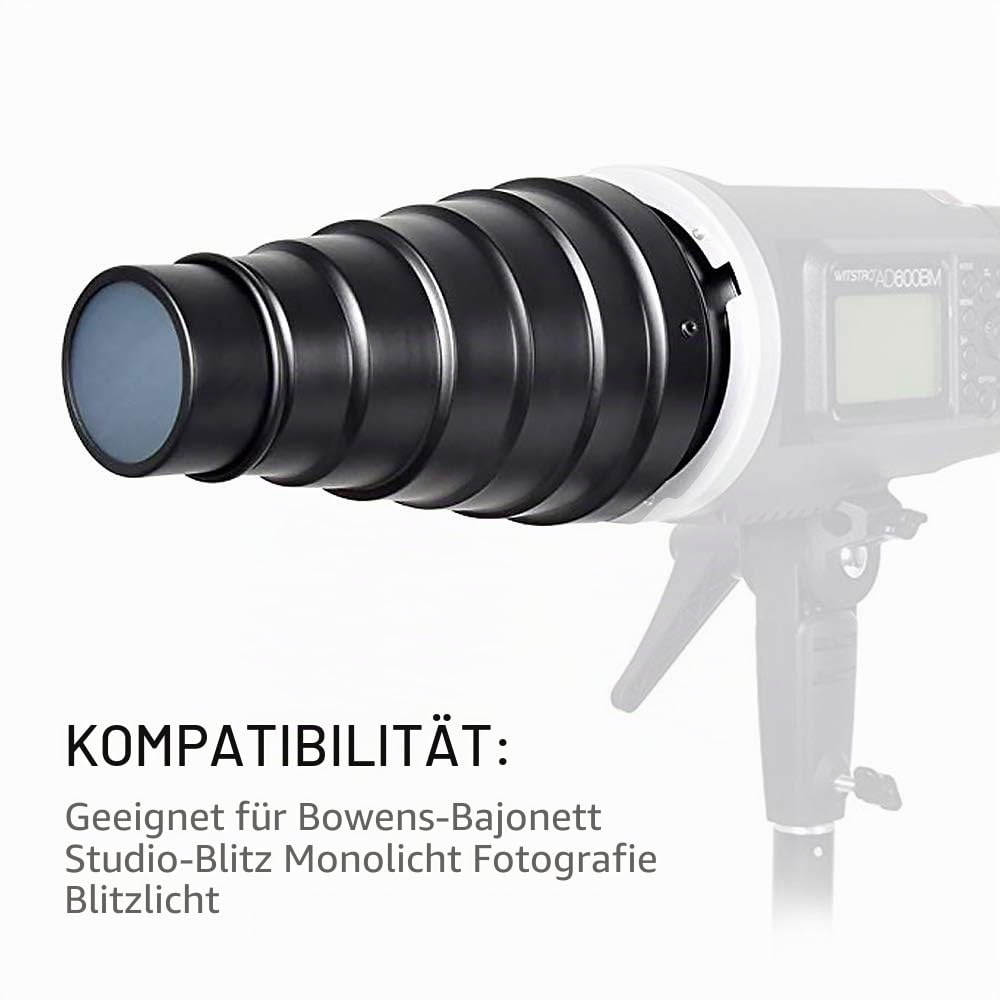 Soonpho Konisches Snoot-Kit aus Aluminiumlegierung für Bowens-Mount-Strobe-Flash-Speedlite, inkl. Wabengitter und 5 Farbfilter