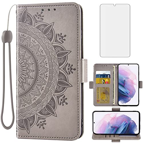 Coque Samsung Galaxy S21 5G portefeuille gris avec protection écran verre