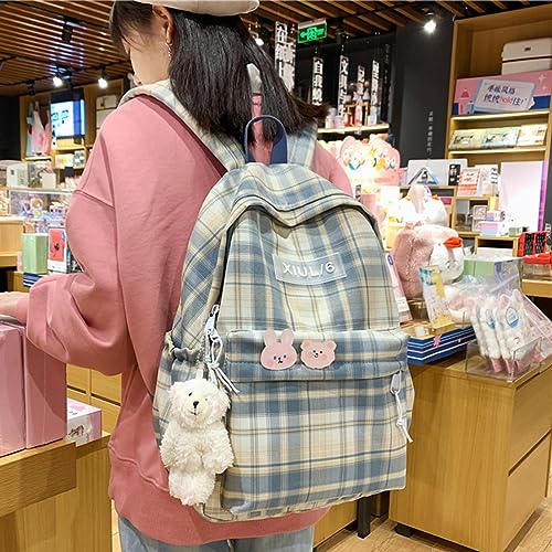 Mochila escolar linda de estilo universitario con diseño a cuadros 6