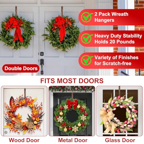 Image of 2-Pack Adjustable Wreath Hangers for Front Door Decor, 12.5-20 inch Heavy Duty Metal Over The Door Hooks (22 lbs) for Easter & Welcome Signs, Ultra-Thin Scratch-Free Holder for Tall & Storm Doors