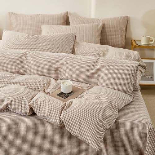 Image of Mini Gingham Brown Duvet Cover King 100% Washed Cotton Bedding Set Like Linen Soft Breathable 3 Piece Classic Plaid Checkered Comforter Cover Set (King 104 inchx90 inch, Comforter Not Included)