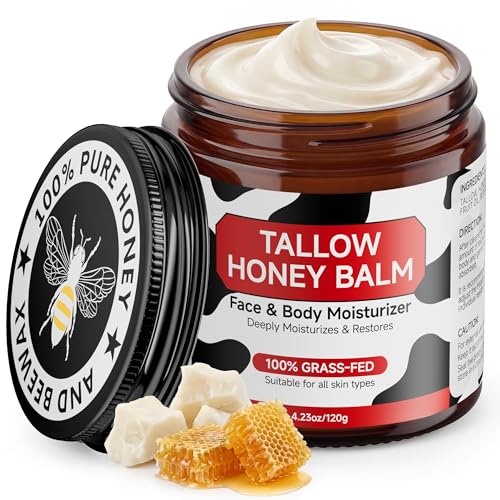 Beef Tallow Skin Care 100% Organic Grass-Fed Tallow and Honey Balm Natural Wild Honey & Beeswax Moisturizer Whipped Tallow Face Cream Deep Hydration & Soothing for Face & Body 120g