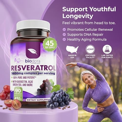 Image of Resveratrol 1600mg - 90 Capsules | Trans-Resveratrol Antioxidant Supplement with Natural Green Tea, Grape Seed Polyphenols & Quercetin, Supports Digestive, Heart Health, Immune System, Brain Function