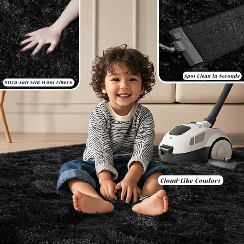 Black Rugs for Bedroom 4x5.9 ft - Ultra Soft Faux Fur Area Rug - Plush Non-Slip Shaggy Carpet for Living Room, Cozy Fluffy Rug for Kids Boys Girls Dorm Nursery Room, High Pile Floor Carpet