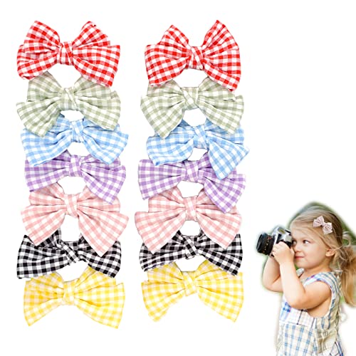 14Pcs 3.5Inch Cute Checkered Hair Bows For Baby Girls, Half Lined With Alligator Non Slip Barrettes Hair Accessories For Baby Girls, Total Of Seven Colors For Daily Clothing Matching #TOP25