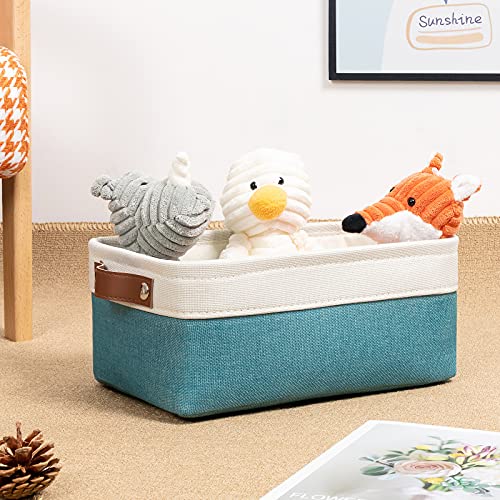 Image of DULLEMELO Small Storage Basket for Organizing, Collapsible Fabric Basket for Shelves, Closets, Laundry, Nursery, Decorative Basket for Gifts Empty (White&Teal)